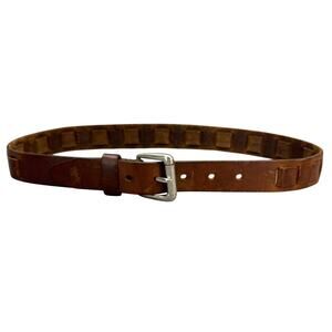 Vintage Western Woven Brown Distressed Patina Leather Silver Buckle Belt Medium